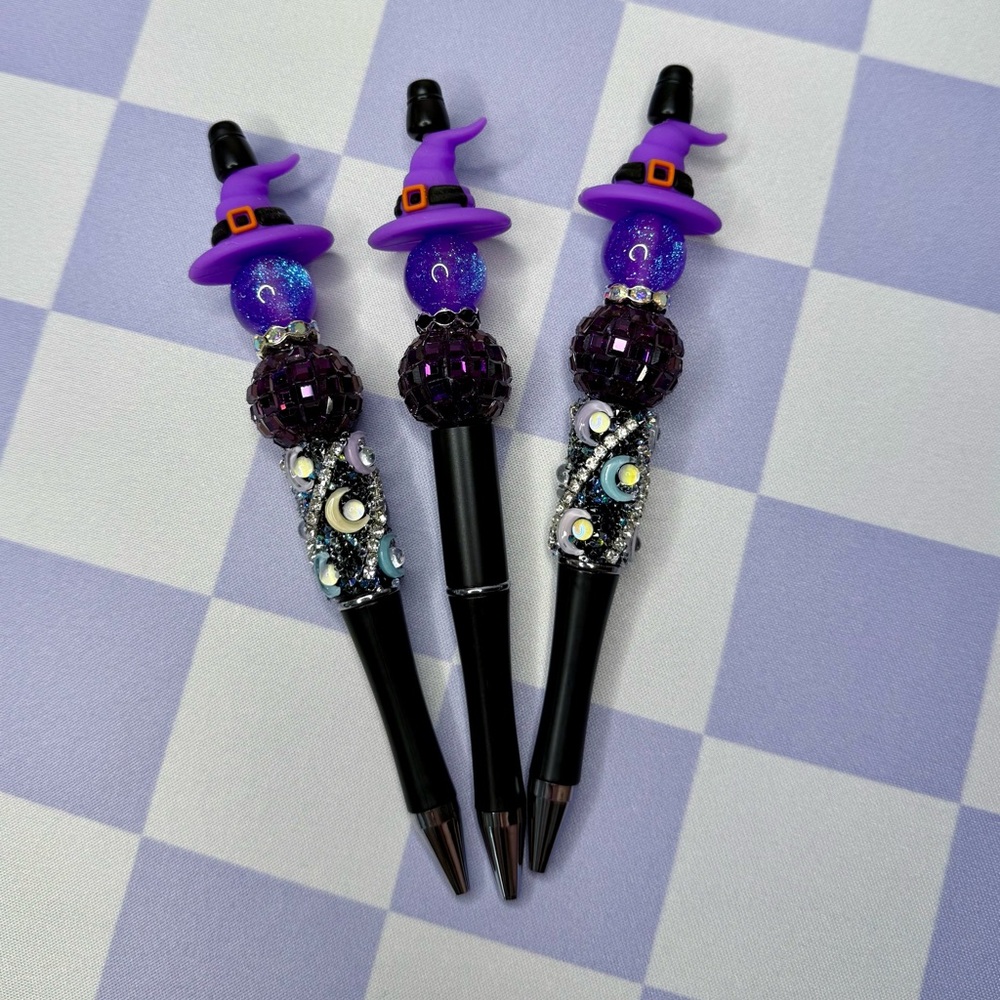 Beaded Purple Witch Hat Pens with or without Moon Wrap on Base